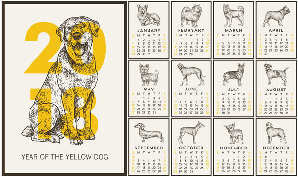 Vector calendar design. Year of the dog. Hand drawn dogs set. Vector illustration