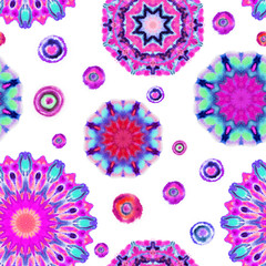 Seamless watercolor pattern from a concentric ornament. Multicolored abstract circles.