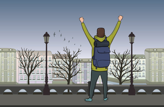Back view of Happy young man on evening walk in the old European city. A tourist with their hands up, a gesture of success to goals. Vector Illustration.