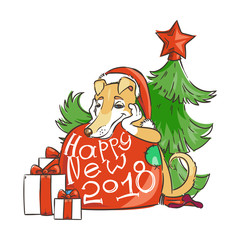 Yellow dog for New Year 2018, cute symbol of horoscope. Cute puppy in cartoon doodle style.