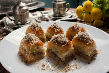 Baklava traditional oriental dessert. Tea and turkish pastry breakfast concept
