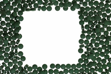 spirulina Mockup. alga spirulina in tablets. square frame of green spirulina tablets