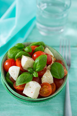 caprese salad on turquoise background
