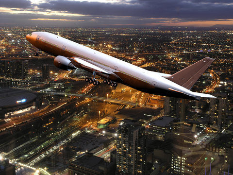 Verkehrsflugzeug im Landeanflug über Melbourne