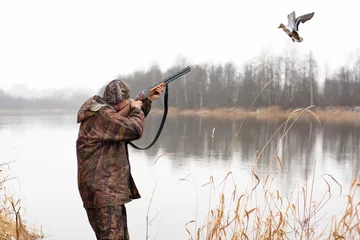 Wall murals Hunting hunter shooting to the flying duck