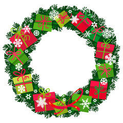 Christmas wreath with gift boxes and snowflakes