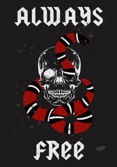 Always free type in rock metal style fashion graphic design with skull and snake vector illustration for fashion t-shirt clothes apparel decoration