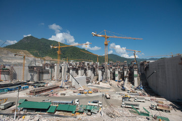 Construction Heavy Working Site Building Xayaburri Dam, Xayaburi, Laos	