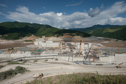 Construction Heavy Working Site Building Xayaburri Dam, Xayaburi, Laos	