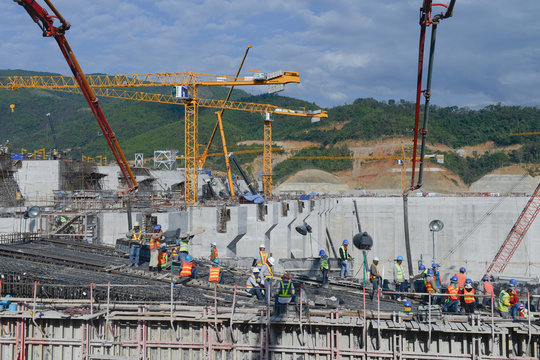 Construction Heavy Working Site Building Xayaburri Dam, Xayaburi, Laos	