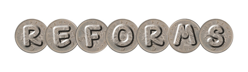 REFORMS - Coins on white background