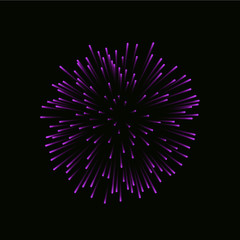 Beautiful pink firework. Bright firework isolated on black background. Light purple decoration firework for Christmas, New Year celebration, holiday, festival, birthday card Vector illustration
