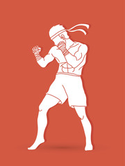 Muay Thai, Thai boxing standing ready to fight action graphic vector