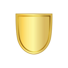 Gold shield shape icon. 3D golden emblem sign isolated on white background. Symbol of security, power, protection. Badge shape shield graphic design Vector illustration
