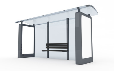 3D rendering of bus stop with blank vertical billboard (light box) isolated on white background