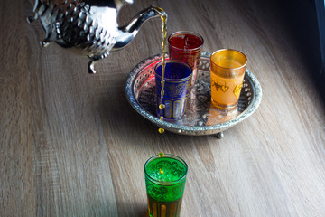 Close-up of traditional Moroccan Tea  - moroccan Teapot and glasses