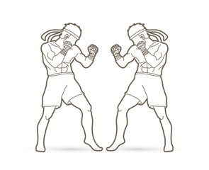 Muay Thai, Thai boxing standing ready to fight action outline graphic vector 