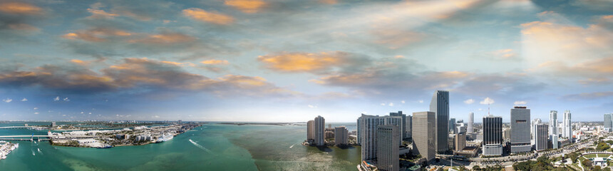 Miami Downtown and Brickell Key aerial view at sunset, Florida - USA