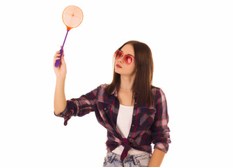 Young cute woman with fly swatter, isolated  