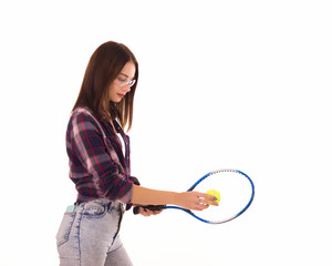 Young cute girl with tennis racket, isolated  