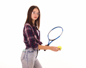 Fototapeta na wymiar Young cute girl with tennis racket, isolated 
