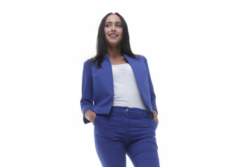 Modern business woman smiling and standing over white