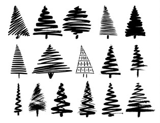 Christmas Tree Sketch Set Isolated on White Background.