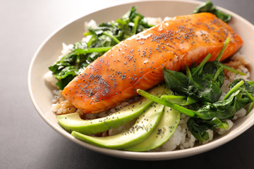 salmon fish with rice,spinach and avocado