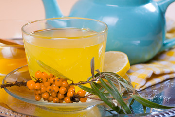 Healing sea-buckthorn tea delicious aromatic full of vitamin and microelements of bright yellow color with berries and leaves of the sea buckthorn fruit on a white background.