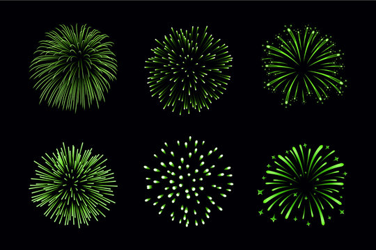 Beautiful green fireworks set. Bright fireworks isolated black background. Light green decoration fireworks for Christmas, New Year celebration, holiday festival, birthday card Vector illustration