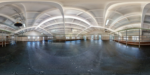Inside of the interior of the cowshed without the cows. Full 360 degree panorama in equirectangular...