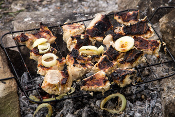 Pork meat roasting on the grill. Meat on the coals, barbeque close up