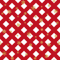 Christmas gold snowflake seamless pattern. Golden snowflakes on red and white rhombus background. Winter snow texture wallpaper. Symbol holiday, New Year celebration Vector illustration