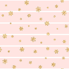 Christmas gold snowflake seamless pattern. Golden glitter snowflakes on pink white lines background. Winter snow texture design wallpaper Symbol holiday, New Year celebration Vector illustration