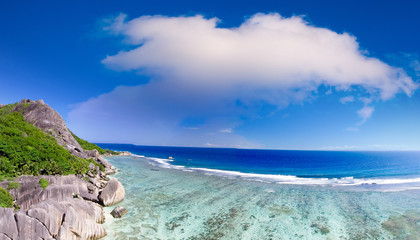 Panoramic aerial view of La Digue Island at sunset, Seychelles