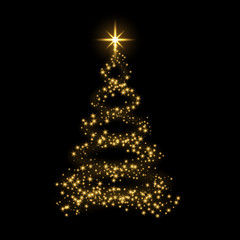 Christmas tree card background. Gold Christmas tree as symbol of Happy New Year, Merry Christmas holiday celebration. Golden light decoration. Bright shiny design Vector illustration - 180227922