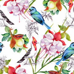 Fototapeta na wymiar Watercolor hand drawn seamless pattern with beautiful flowers and colorful birds on white background.