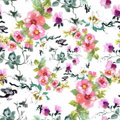 Watercolor hand drawn seamless pattern with beautiful flowers and colorful birds on white background.