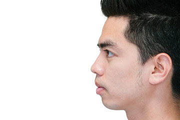 Obraz premium Close-up beside face handsome smiling young isolated on white background. Human Face. Asia man people.