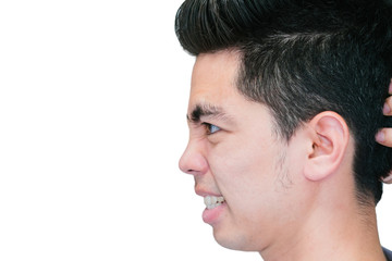 Fototapeta premium Close-up Handsome young asian man stressed isolated on white background. Human Face.