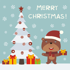 Merry Christmas! Cute teddy bear with gift near the Christmas tree. Greeting card with funny teddy bear in cartoon style. 