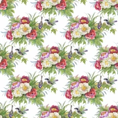  Watercolor hand drawn seamless pattern with beautiful flowers and colorful birds on white background. © kostanproff