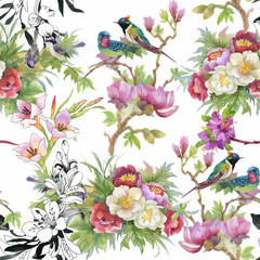 Watercolor hand drawn seamless pattern with beautiful flowers and colorful birds on white background.