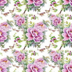 Watercolor hand drawn seamless pattern with beautiful flowers and colorful birds on white background.