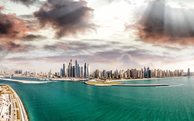 Dubai Marina aerial panoramic view at sunset, UAE