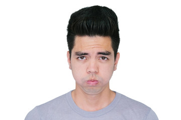 Obraz premium Close-up Handsome asia young man bored isolated on white background. Human Face.