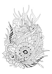 Hand drawn backdrop. Coloring book, page for adult and older children. Black and white abstract floral pattern. Vector illustration. Design for meditation.