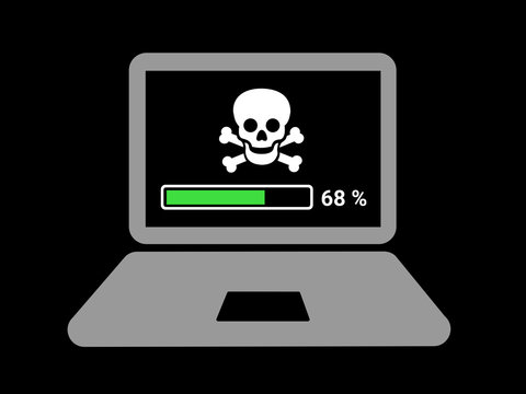 Piracy on the computer as online crriminality and robbery. Copyright infringement and illegal downloading  on the internet. Vector illustration of lapton with pirate on the screen