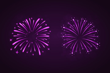 Beautiful purple fireworks set. Bright fireworks isolated black background. Light pink decoration fireworks for Christmas, New Year celebration, holiday festival, birthday card Vector illustration