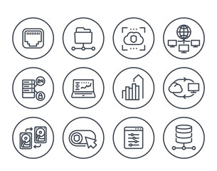 servers, networks, cloud solutions, data storage, hosting line icons set on white
